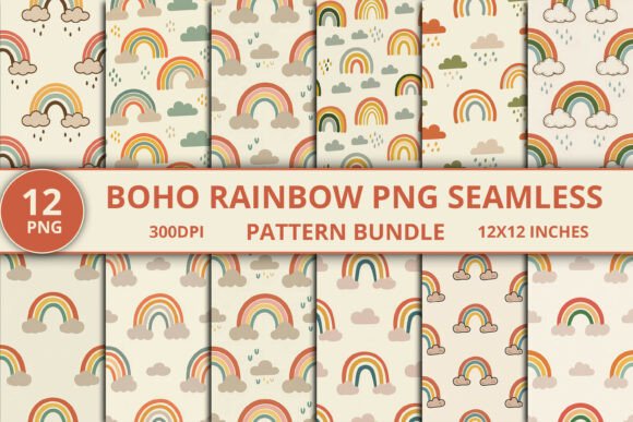 Boho Rainbow PNG Seamless Pattern Bundle