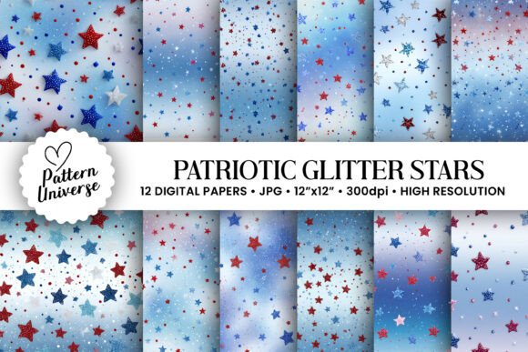 Patriotic Glitter Stars Digital Papers for Creative Projects
