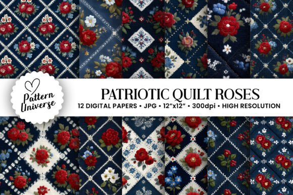 Patriotic Quilt Roses Digital Paper